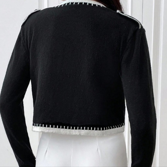 Black Casual Womens Contrast Trim Open Front Cardigan - Picture 2 of 6